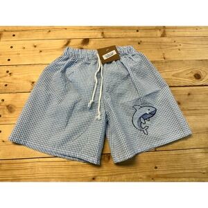 Boys Gingham Seersucker Shorts Swim Trunks with‎ Shark Embroidery Kids Size 4/5T